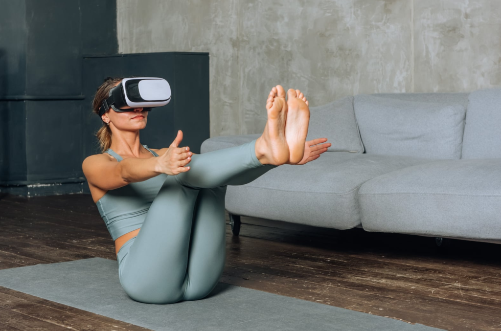 A girl doing knee-ins with a VR headset.