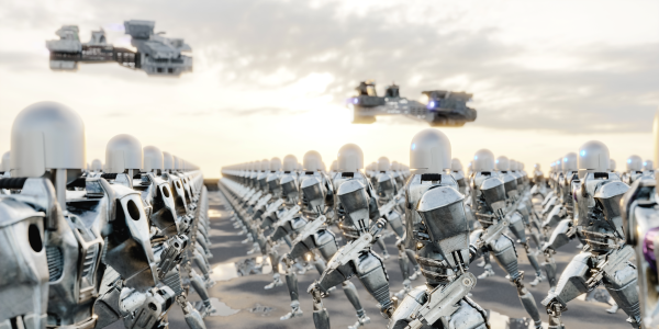 A robot army marching in formation.