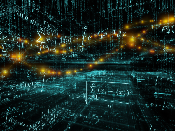 S screen with formulas all across it and a strand of DNA, meant to depict AI thinking of everything. 